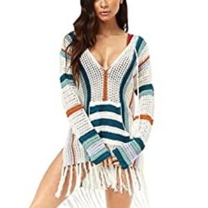 Cute and sexy striped knitted bathing suit cover up with fringe detailing